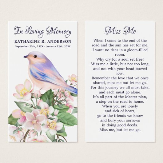 Memorial Floral Bird Funeral Prayer Kaart Poem (Voorkant /achterkant)