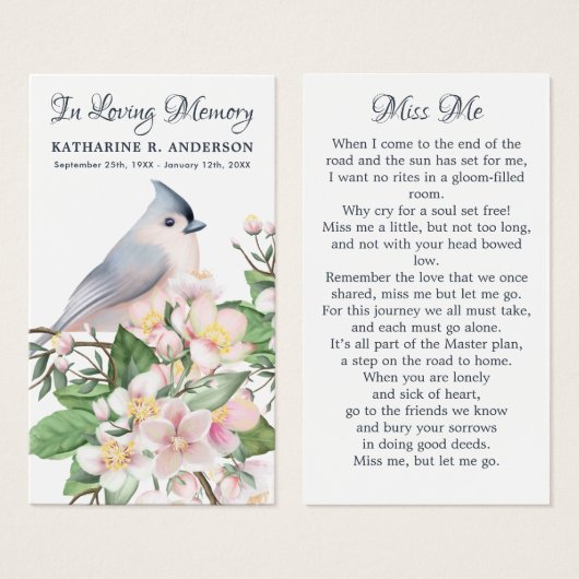 Memorial Floral Bird Poem Funeral Prayer Kaart (Voorkant /achterkant)