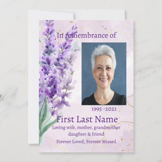 Memorial Foto Custom Lavender gardenbloem Kaart (Achterkant)