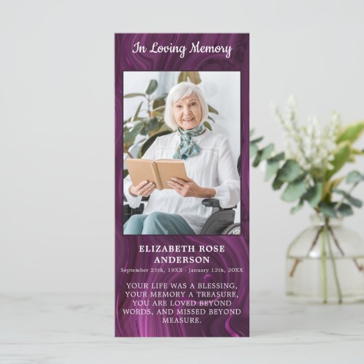 Memorial Foto Funeral Prayer Kaart Paars Marble (Staand voorkant)