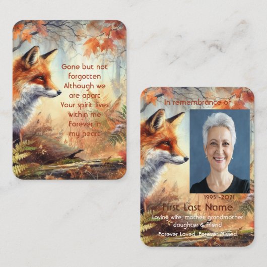 Memorial Foto Gebed Fox Dier Wildlife Natuur Visitekaartje (Voorkant / Achterkant)