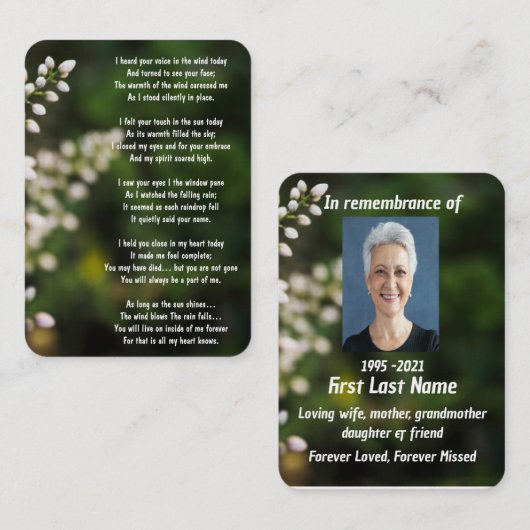 Memorial Foto Gebed Witte Bloem Tuin Visitekaartje (Voorkant / Achterkant)