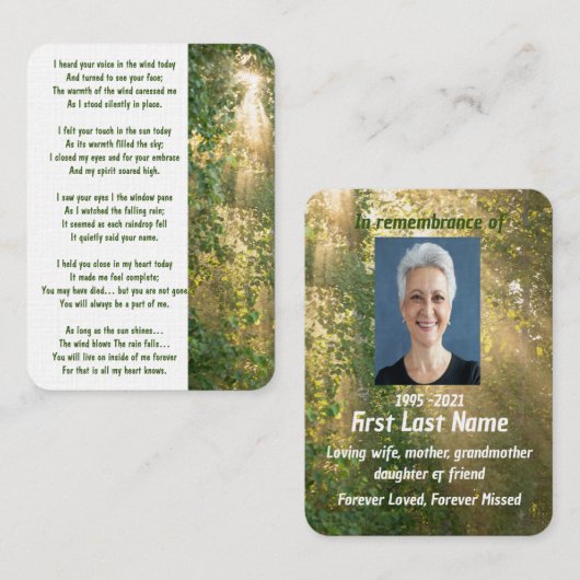 Memorial Foto Gebed Zonneschijn Bos Visitekaartje (Voorkant / Achterkant)