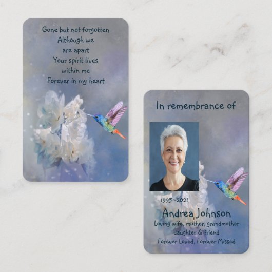Memorial Foto Prayer Hummingbird White Flowers Bu Visitekaartje (Voorkant / Achterkant)