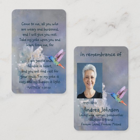 Memorial Foto Prayer Hummingbird White Flowers Visitekaartje (Voorkant / Achterkant)