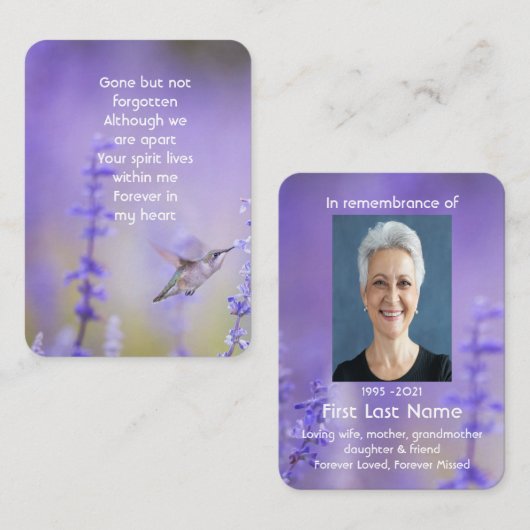 Memorial Foto Prayer Lavender Hummingbird Garden Visitekaartje (Voorkant / Achterkant)