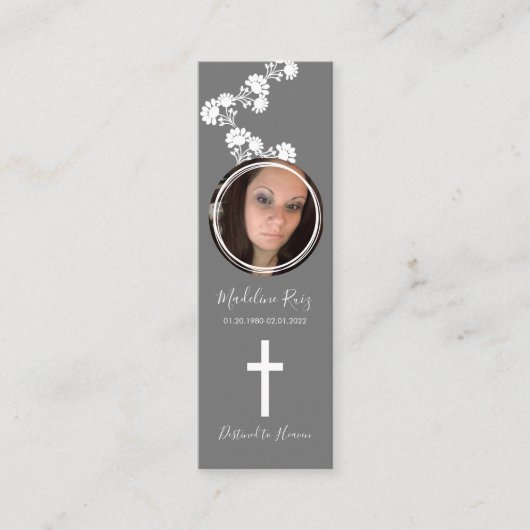 Memorial Funeral Cross Photo Floral Motif Bladwijz Mini Visitekaartje (Voorkant)