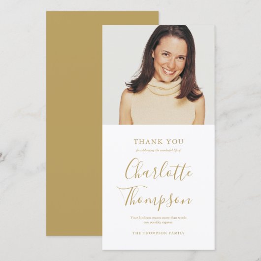 Memorial Funeral Elegant Gold Script Foto Bedankkaart (Voorkant / Achterkant)