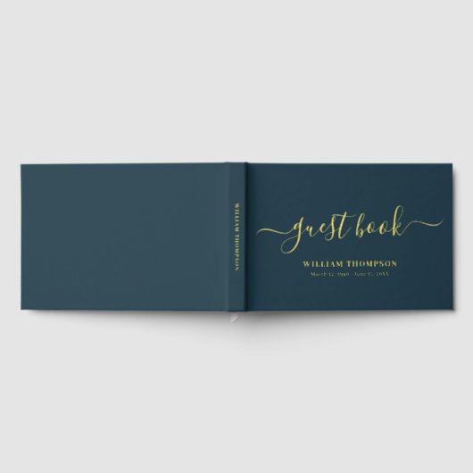 Memorial Funeral Elegant Script Navy Gold Gastenboek (Volledig)