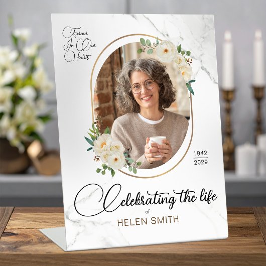 Memorial Funeral Floral Elegant Photo White Reclamebord Met Voetstuk