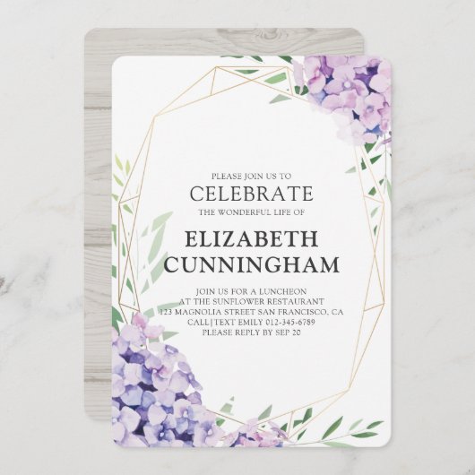 Memorial Funeral Hydrangea Lila Floral Geometric Kaart (Voorkant / Achterkant)