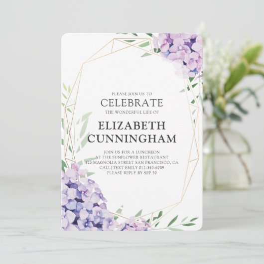 Memorial Funeral Hydrangea Lila Floral Geometric Kaart (Staand voorkant)