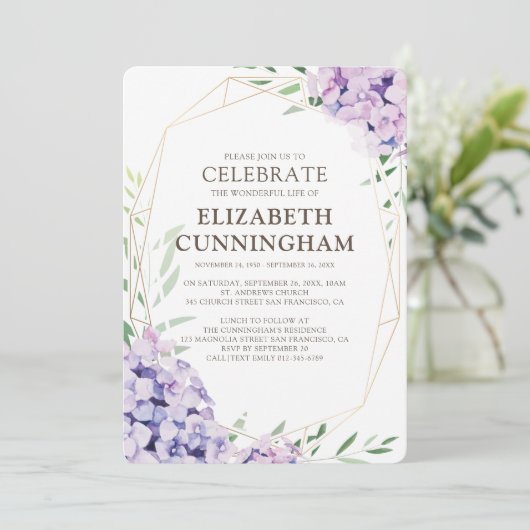 Memorial Funeral Hydrangea Lila Floral Geometric Kaart (Staand voorkant)