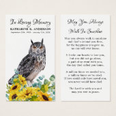 Memorial Funeral Kaart Owl Sunflower (Voorkant /achterkant)