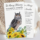 Memorial Funeral Kaart Owl Sunflower