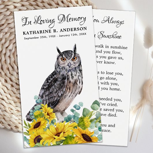 Memorial Funeral Kaart Owl Sunflower