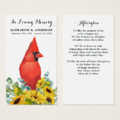 Memorial Funeral Kaart Prayer Cardinale Sunflower (Voorkant /achterkant)