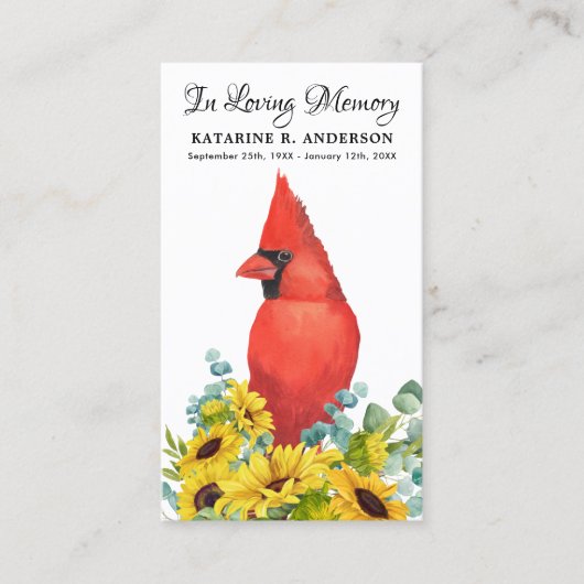 Memorial Funeral Kaart Prayer Cardinale Sunflower Contactkaartje (Voorkant)