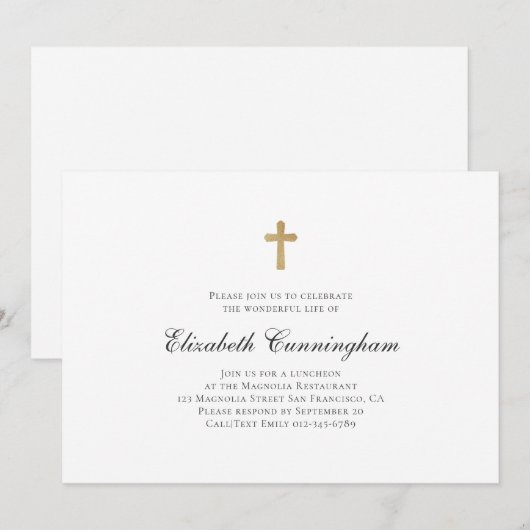 Memorial Funeral Minimalist met Faux Gold Cross Kaart (Voorkant / Achterkant)