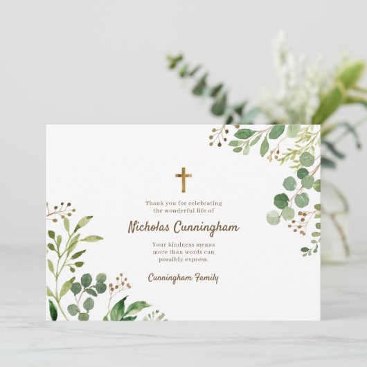 Memorial Funeral Modern Cross Foliage Botanicals Bedankkaart (Staand voorkant)