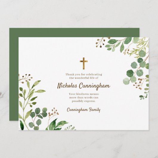 Memorial Funeral Modern Cross Foliage Botanicals Bedankkaart (Voorkant / Achterkant)