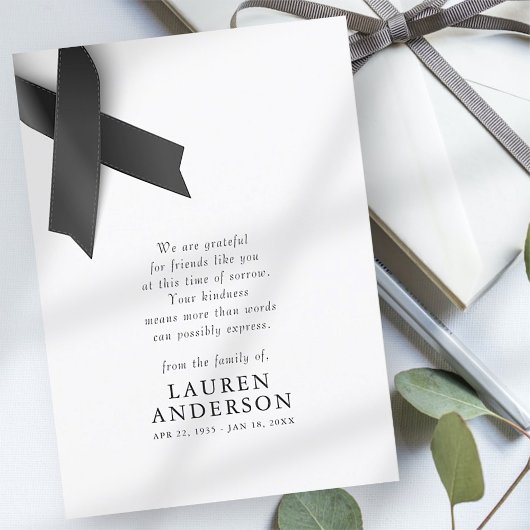 Memorial Funeral Modern Simple Chic Black Ribbon Bedankkaart