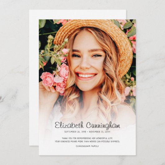 Memorial Funeral Modern Simple Cursive Photo Bedankkaart (Voorkant / Achterkant)