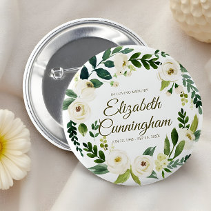 Memorial Funeral Modern Waterverf Floral Foliage Ronde Button 5,7 Cm