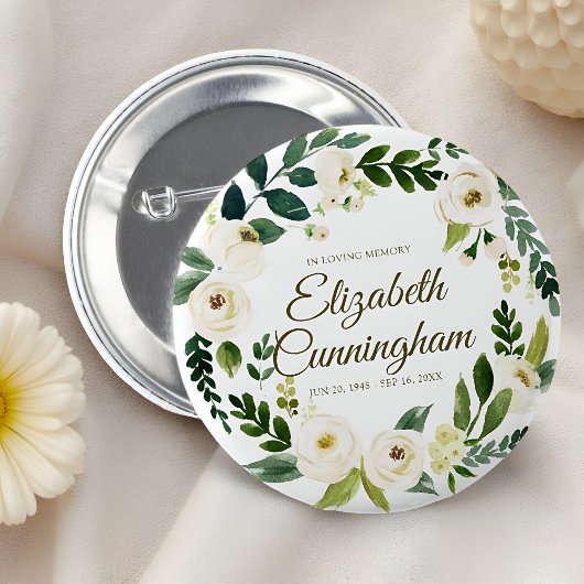 Memorial Funeral Modern Waterverf Floral Foliage Ronde Button 5,7 Cm