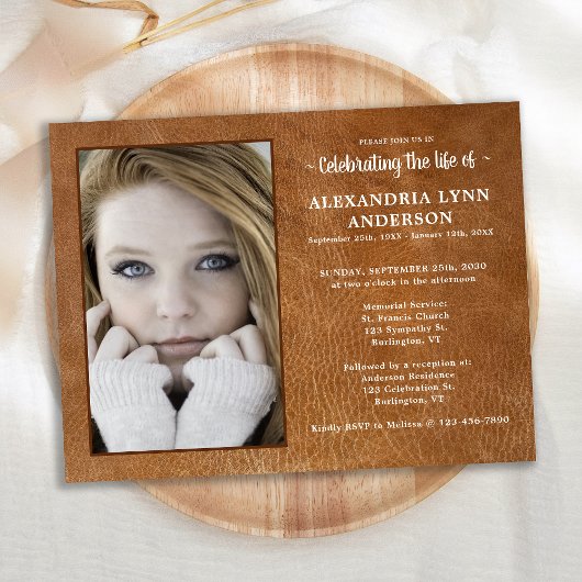 Memorial Funeral Photo Leather Celebration of Life Uitnodiging Briefkaart