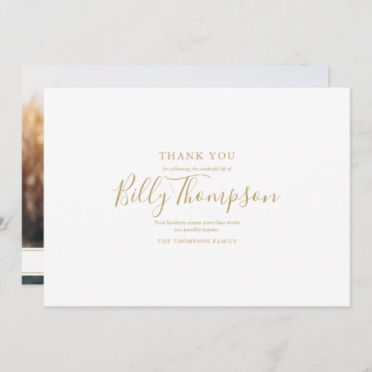 Memorial Funeral Photo Simple Elegant Gold Script  Bedankkaart (Voorkant / Achterkant)