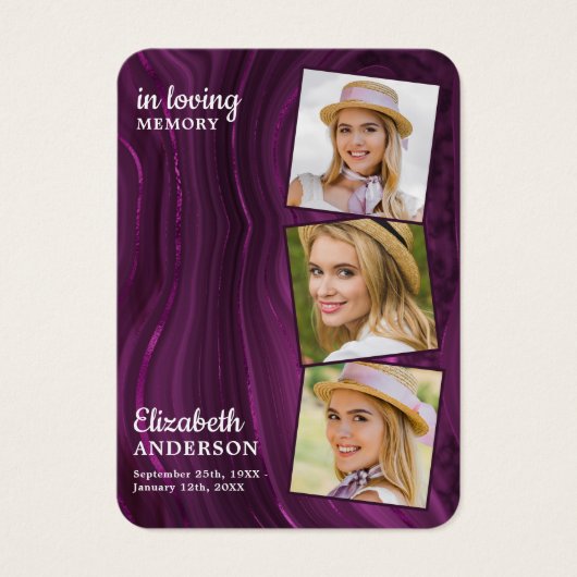 Memorial Funeral Prayer Kaart 3 Foto Paars Marble (Voorkant)
