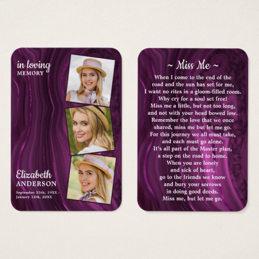 Memorial Funeral Prayer Kaart 3 Foto Paars Marble (Voorkant /achterkant)