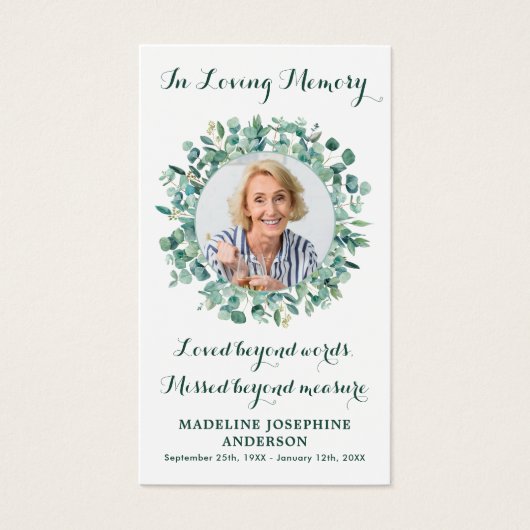 Memorial Funeral Prayer Kaart Eucalyptus Greenery (Voorkant)