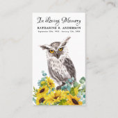 Memorial Funeral Prayer Kaart Owl Bird Sunflower Contactkaartje (Voorkant)