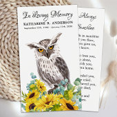 Memorial Funeral Prayer Kaart Owl Bird Sunflower Contactkaartje