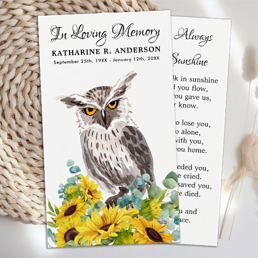 Memorial Funeral Prayer Kaart Owl Bird Sunflower Contactkaartje