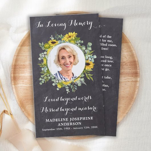 Memorial Funeral Prayer Kaart Sunflower Eucalyptus Contactkaartje