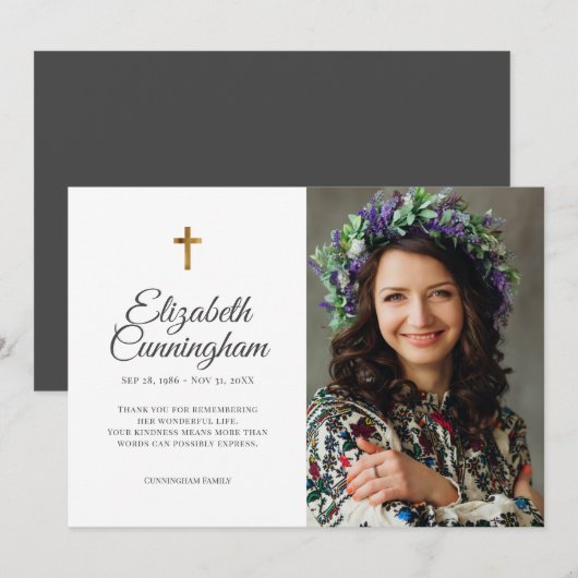 Memorial Funeral Simple Modern Cross Foto Bedankkaart (Voorkant / Achterkant)