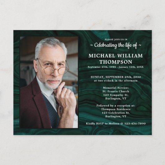 Memorial Green Marble Photo Celebration of Life Uitnodiging Briefkaart (Voorkant)