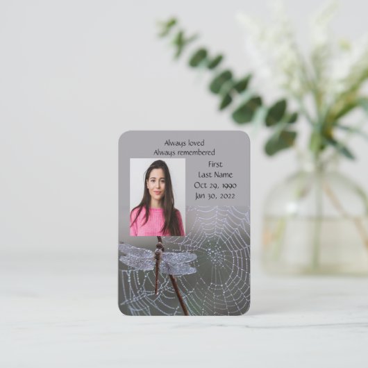 Memorial Herdenking Dragonfly Spider Web Visitekaartje (Staand voorkant)