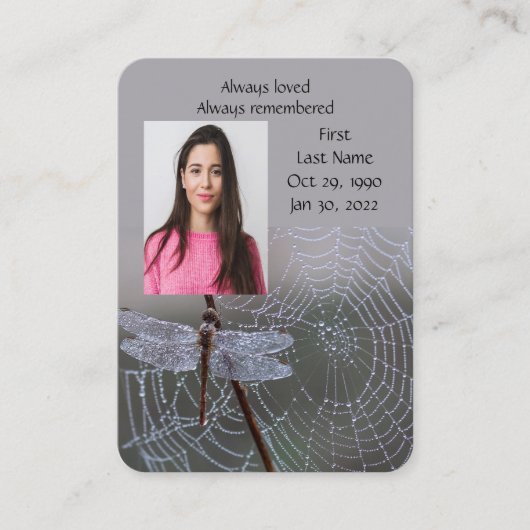 Memorial Herdenking Dragonfly Spider Web Visitekaartje (Voorkant)