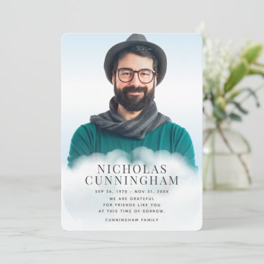 Memorial in Clouds Modern Classic Simple Photo Bedankkaart (Staand voorkant)