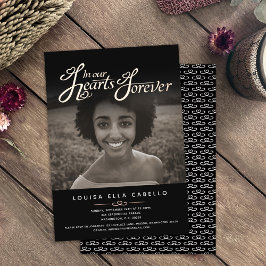 Memorial in harten foto begrafenis zwart goud folie uitnodiging