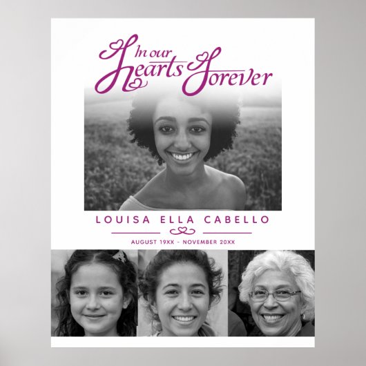 Memorial in harten foto's begrafenis violet wit poster (Voorkant)