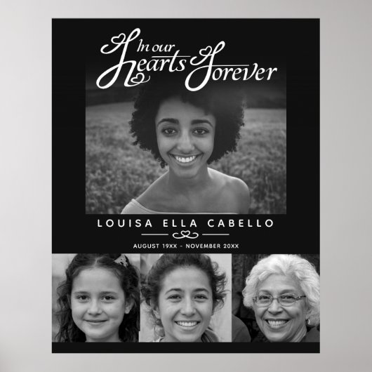 Memorial in harten foto's begrafenis zwart wit poster (Voorkant)