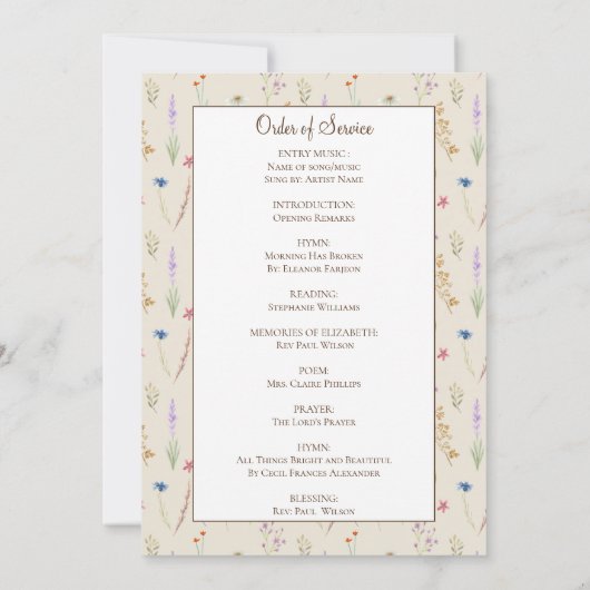 Memorial In Loving Memory Bloemen Orde van Service Kaart (Achterkant)