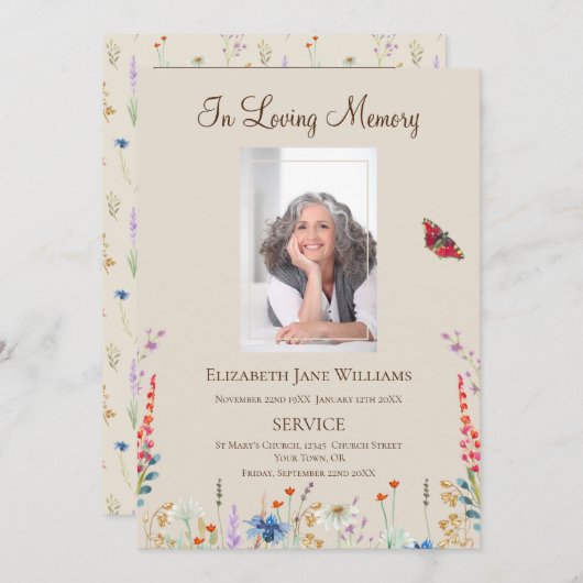 Memorial In Loving Memory Bloemen Orde van Service Kaart (Voorkant / Achterkant)