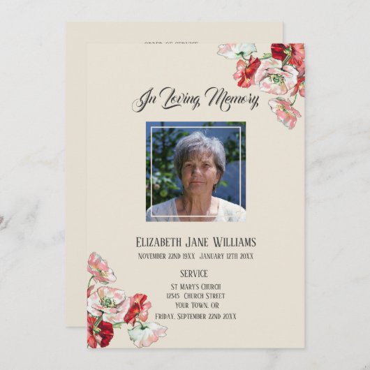 Memorial in Loving Memory| Poppy Order of Service Kaart (Voorkant / Achterkant)