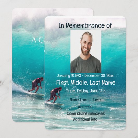 Memorial Invites Service Wave Surfer Water Kaart (Voorkant / Achterkant)